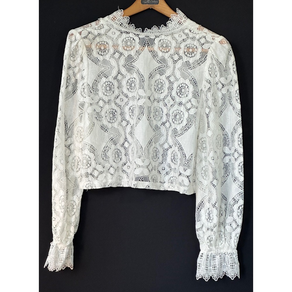 Zara Lace Blouse Cropped High Neck Long Sleeve Womens Small White Sweet